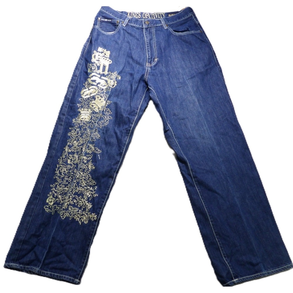 VTG Ecko Unltd Kings Of Ativity Baggy Jeans Y2K Embroidered Blue Denim Men 32x31